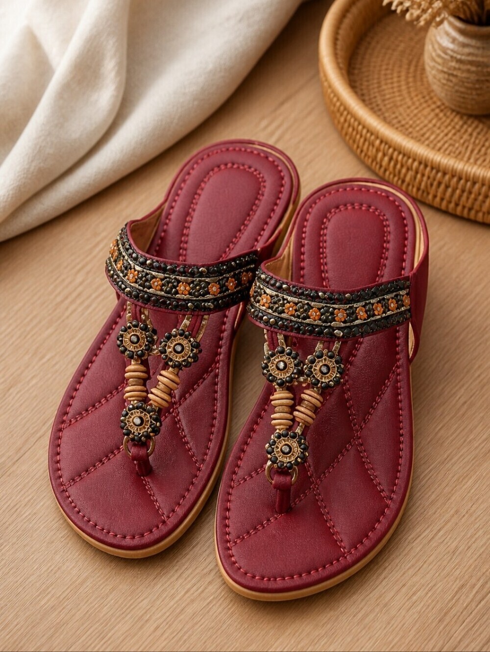 Women's Comfortable Thong Embellished Maroon Sandals Size 38 EUC